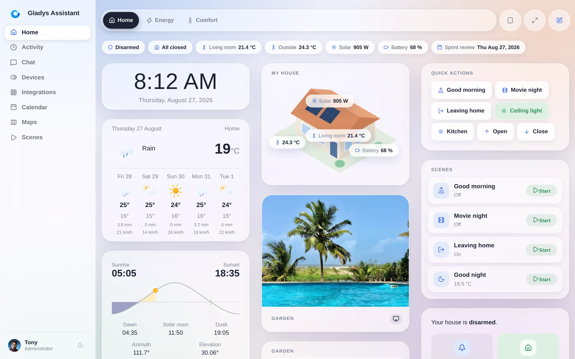 The Gladys Assistant 5 dashboard, in the new Horizon design