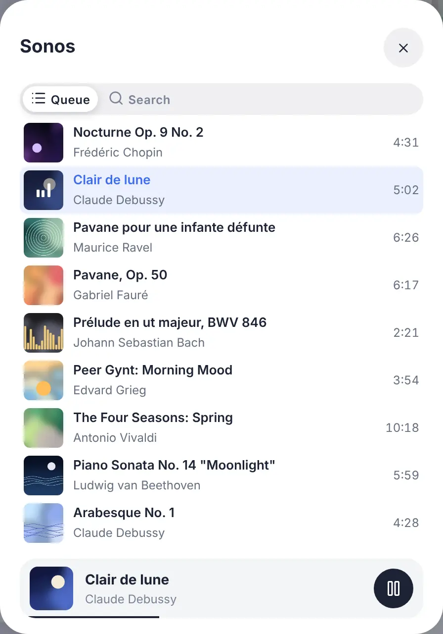 The queue of the player, with the current track highlighted
