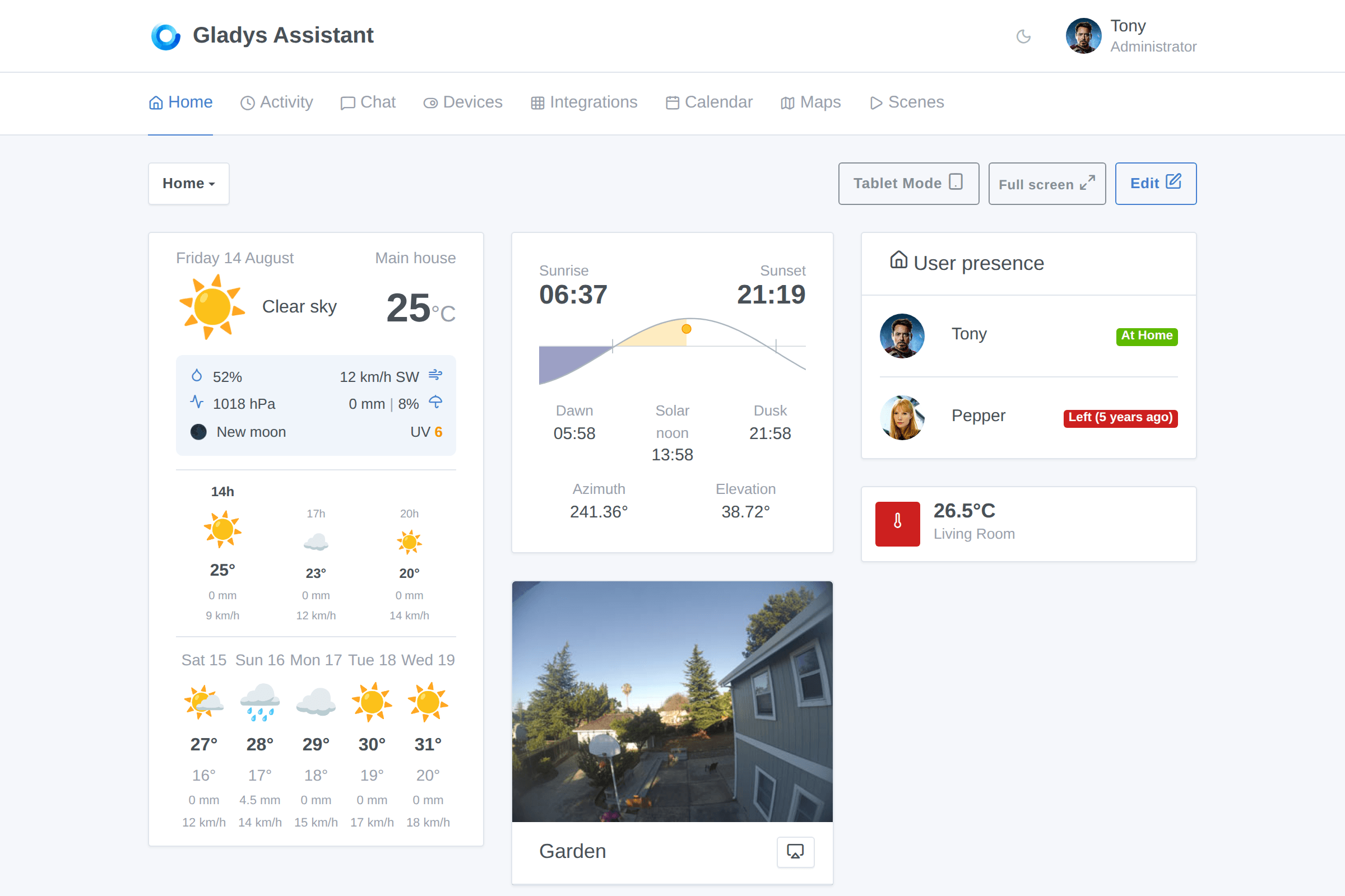 The redesigned weather widget next to the new sun widget on a dashboard