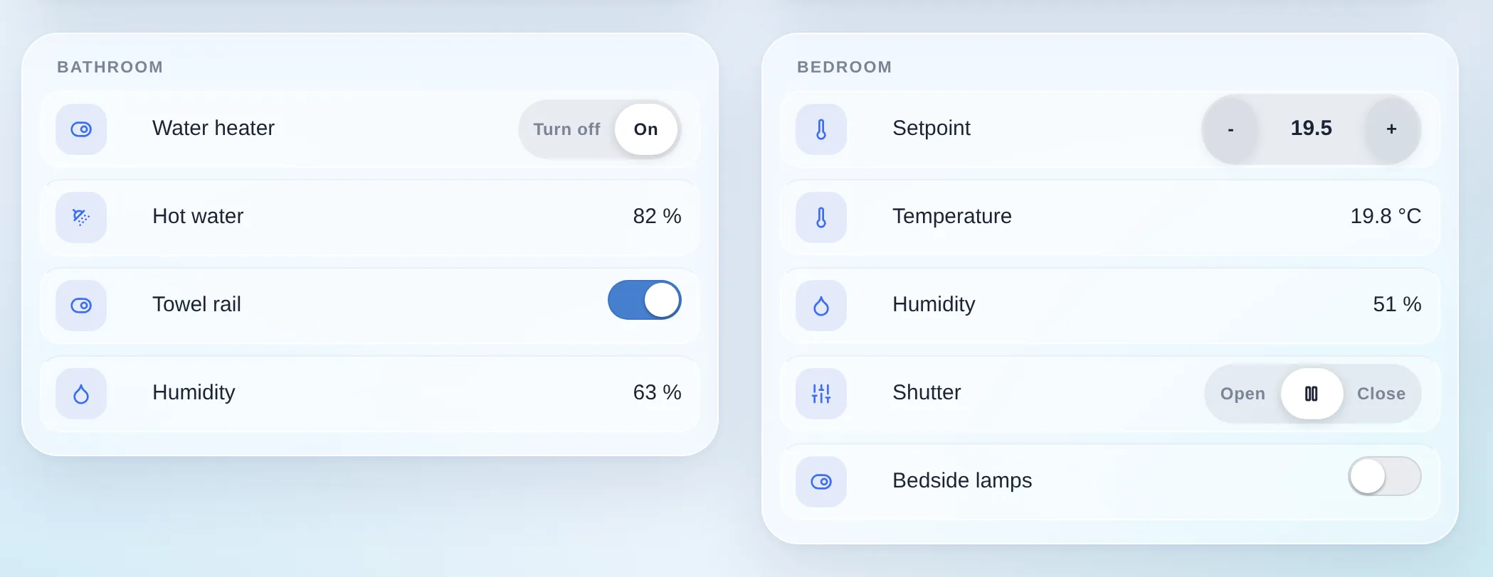 Close-up on the device controls: segmented controls, a setpoint capsule and toggles