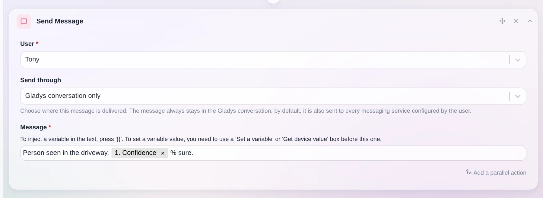The delivery selector of the message action, set to "Gladys conversation only"