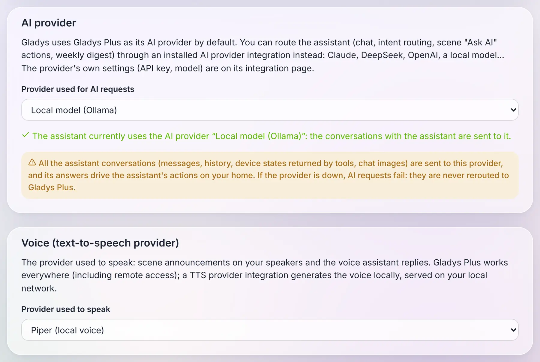 The choice of the AI provider and of the voice, on the Artificial Intelligence page (example integrations)