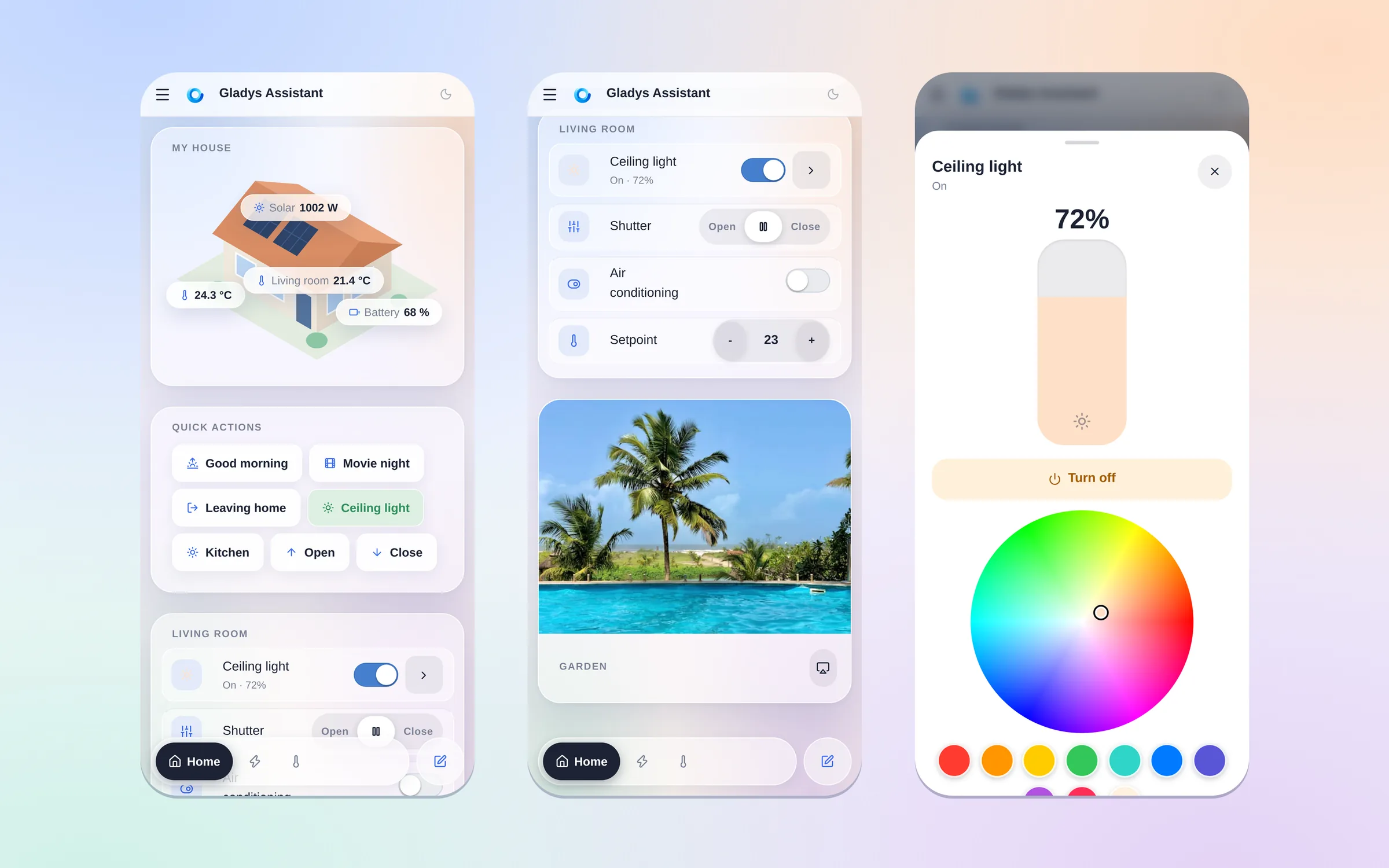 Gladys Assistant 5 on a phone: the home screen, the controls of a room, and the light panel