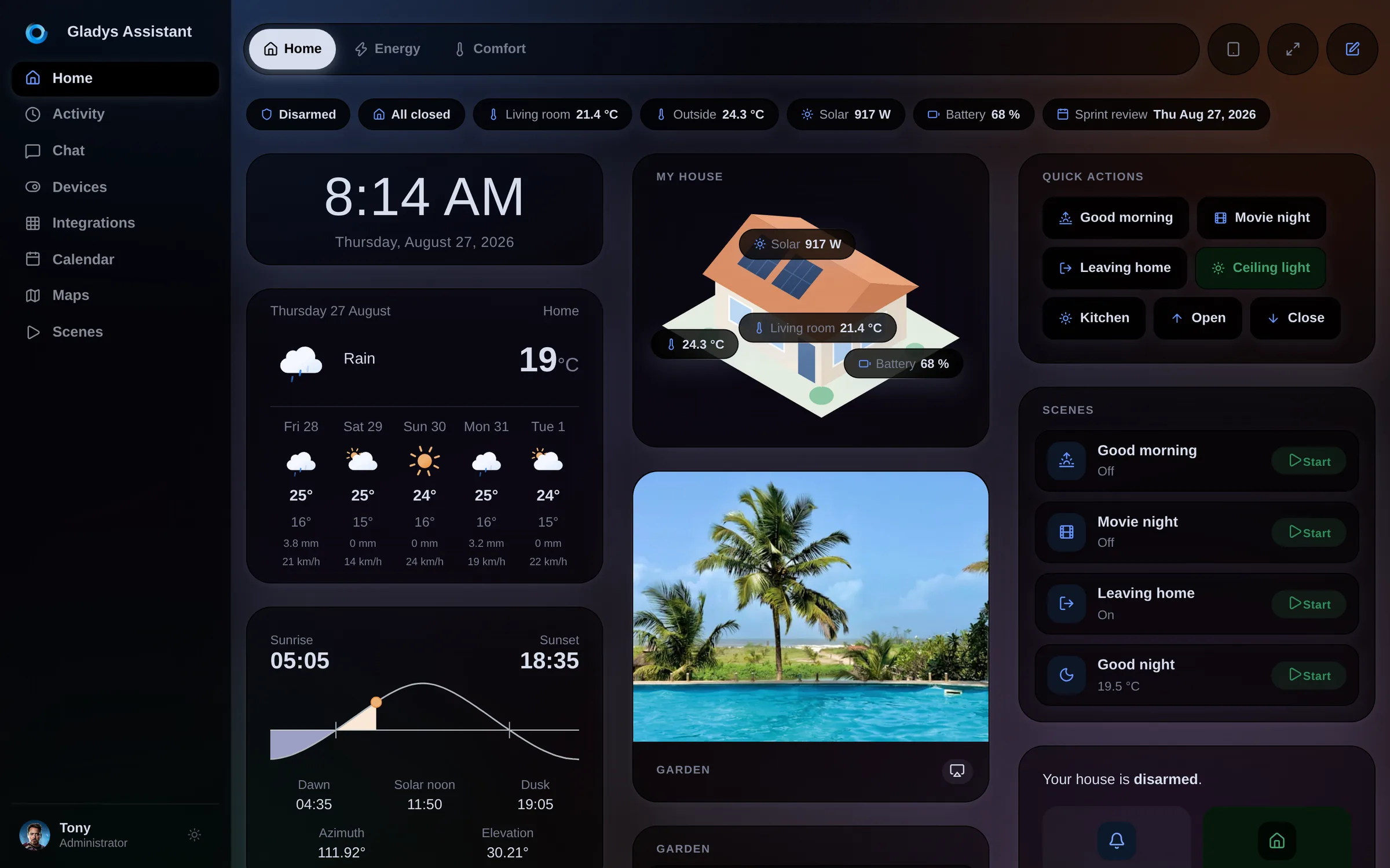 The Gladys Assistant 5 dashboard in dark mode