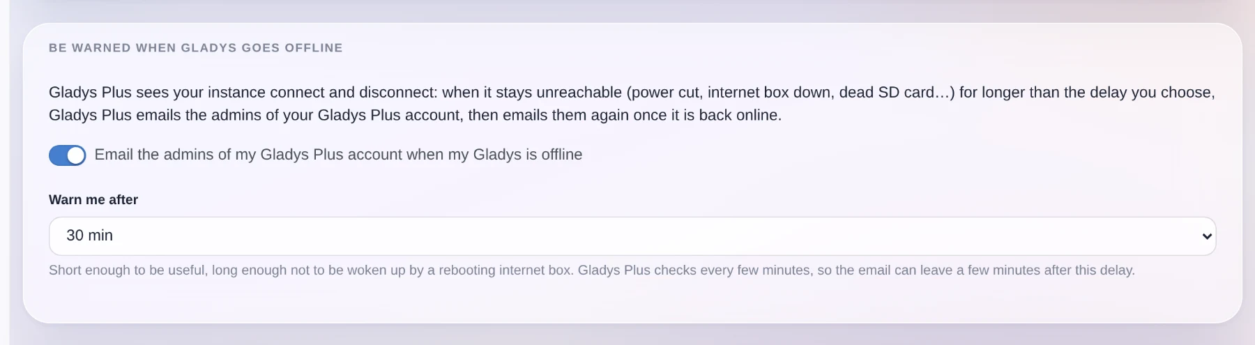 The new Gladys Plus setting: be emailed when your instance goes offline