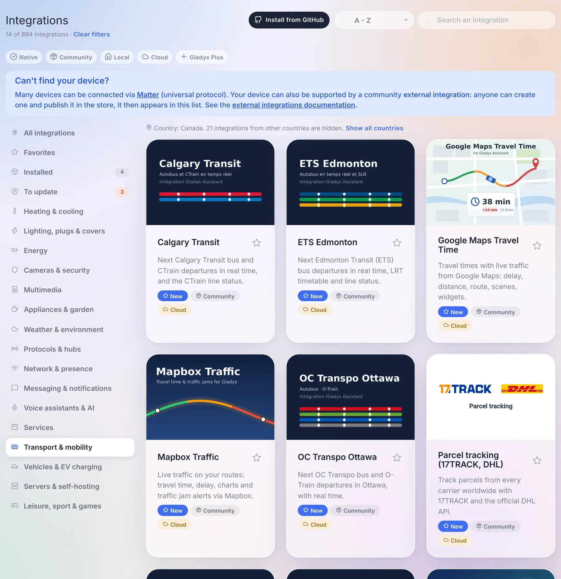 The catalog: the new categories, and the integrations of other countries hidden