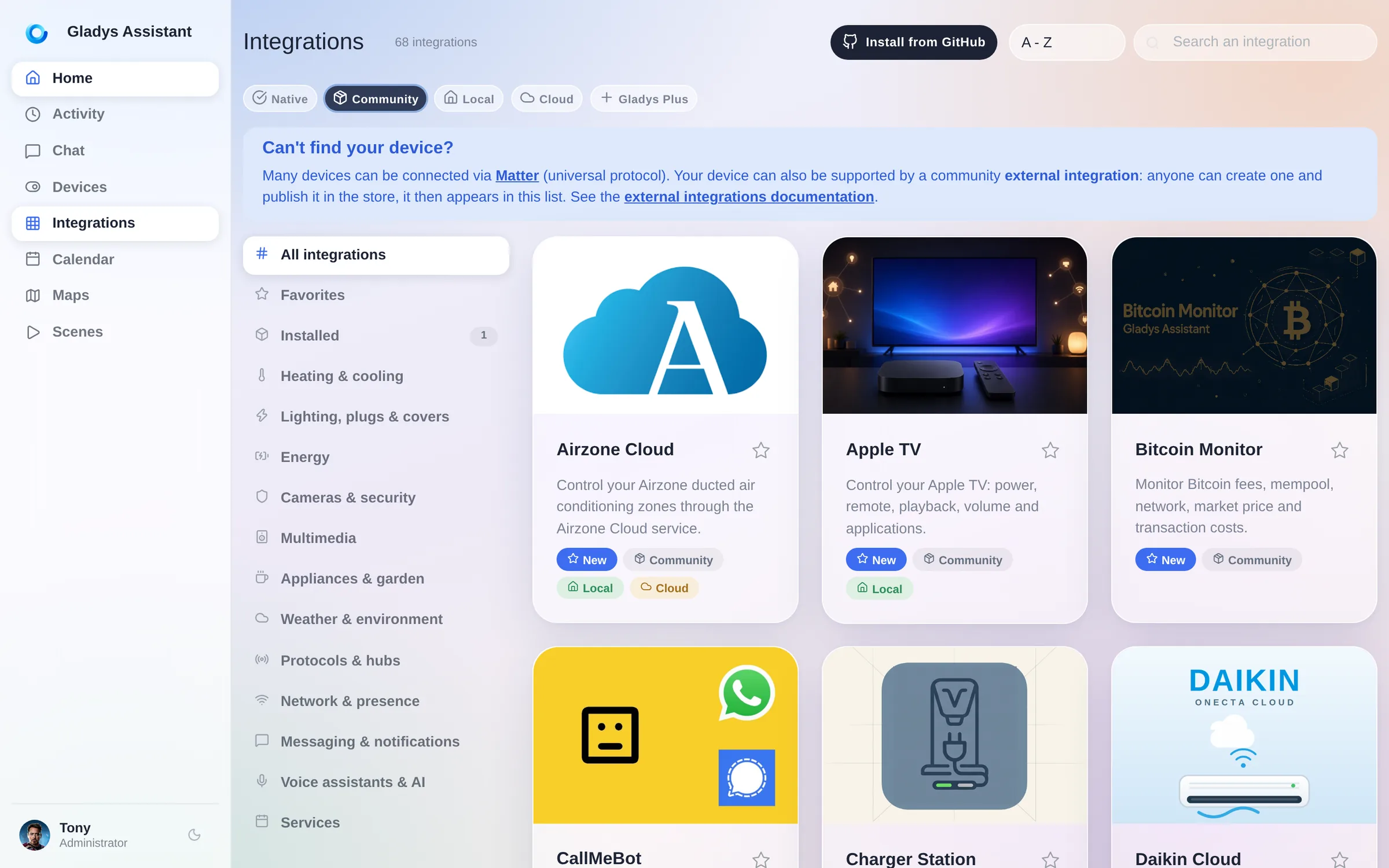 The integration catalog, filtered on the community integrations