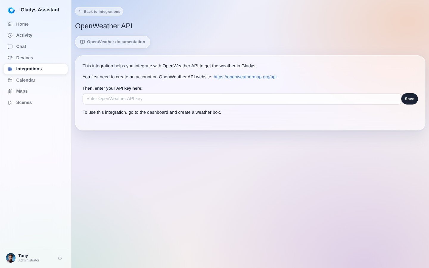 Add OpenWeather API key in Gladys Assistant