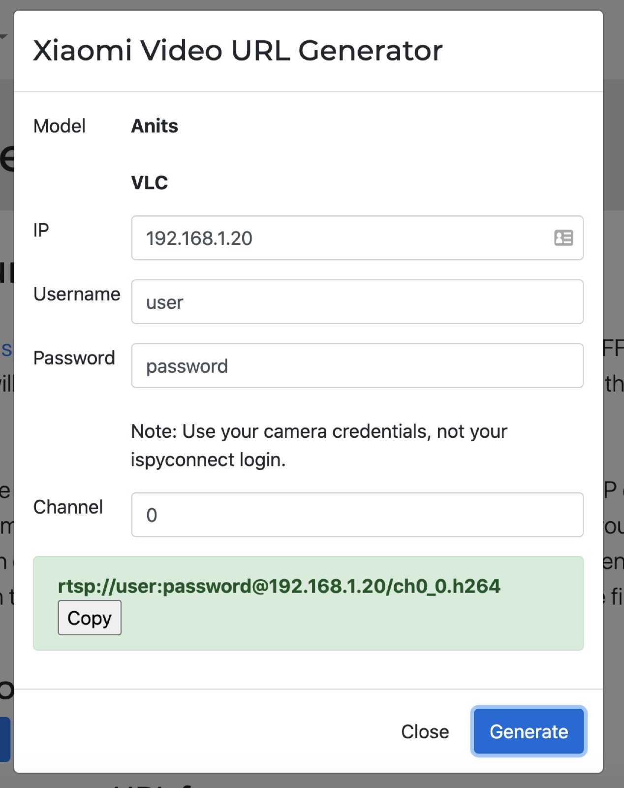 RTSP camera URL generator iSpyConnect