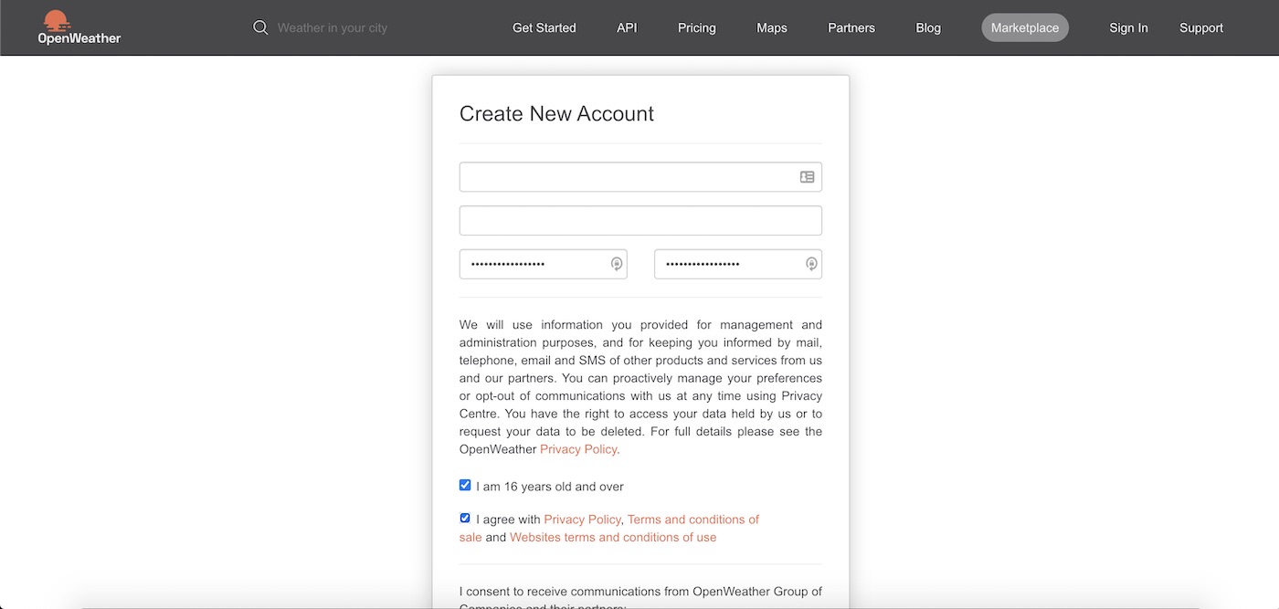 Create account OpenWeather