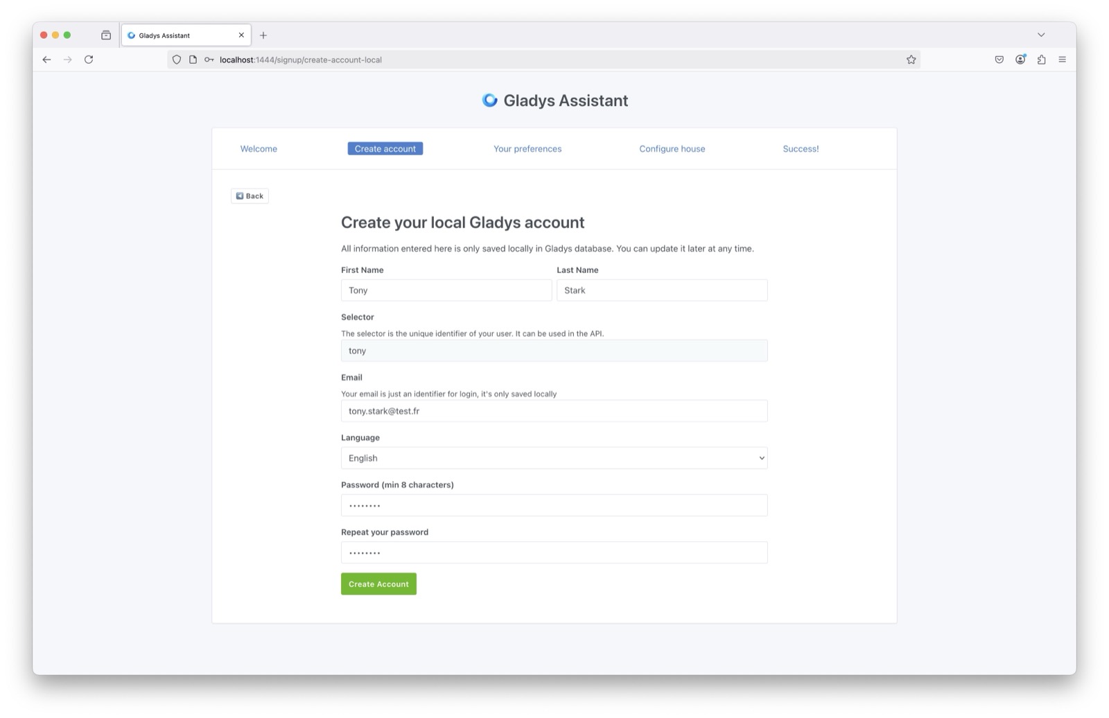 Create Local Gladys Account