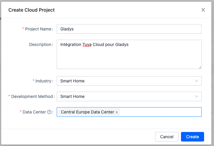 Tuya Gladys integration, create project