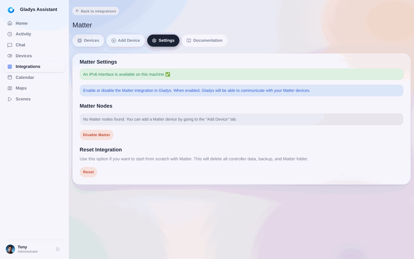 Enable Matter in Gladys settings