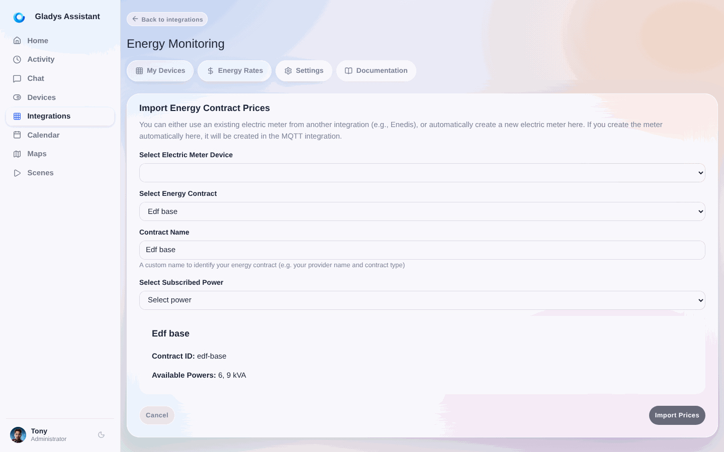 Energy monitoring create import price