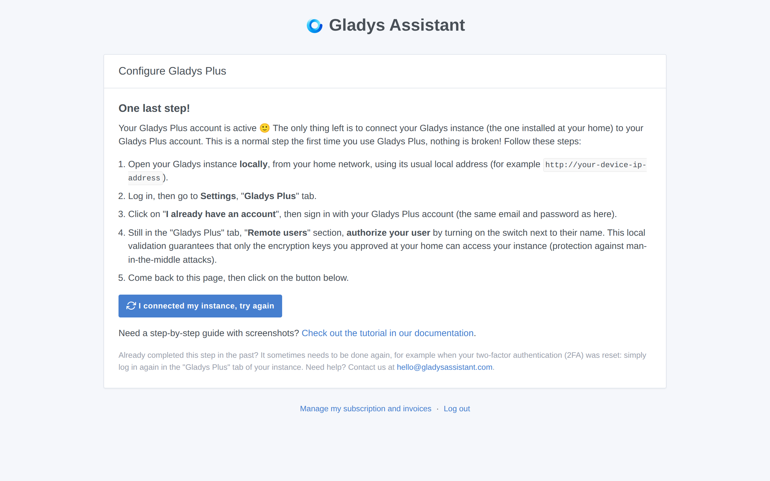 One last step page on Gladys Plus