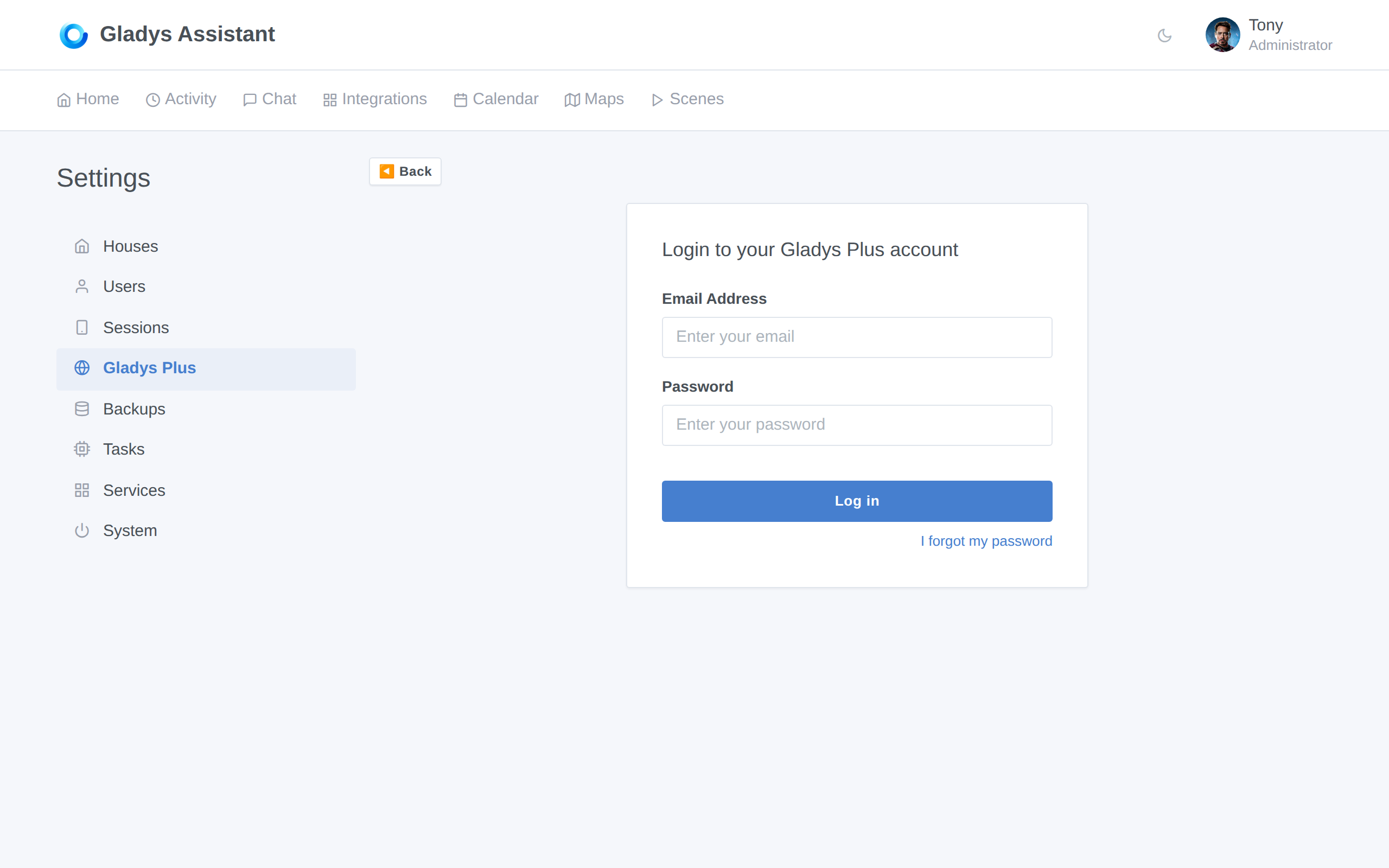 Gladys Plus login form