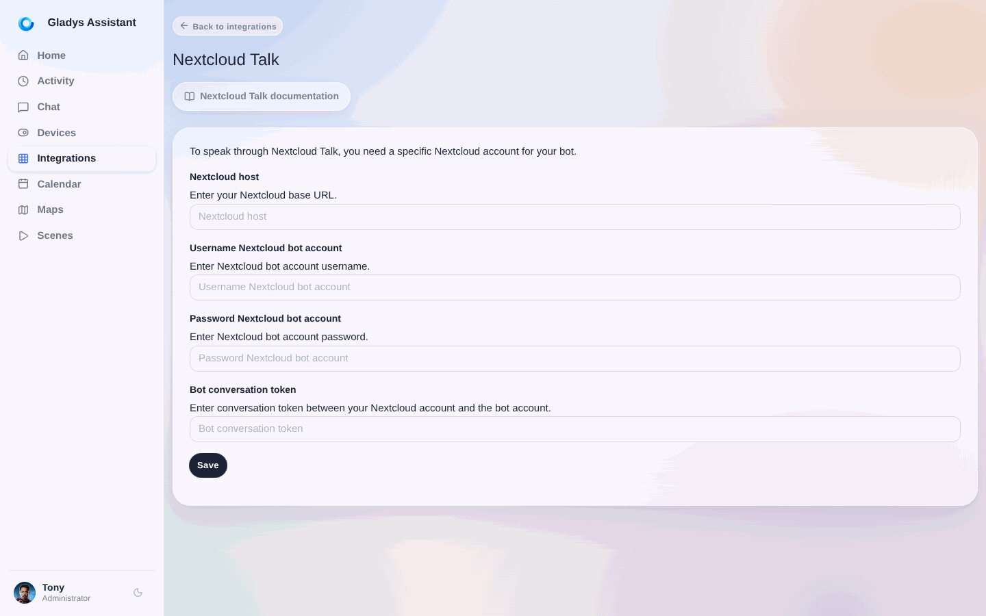 Enter bot configuration Gladys Assistant