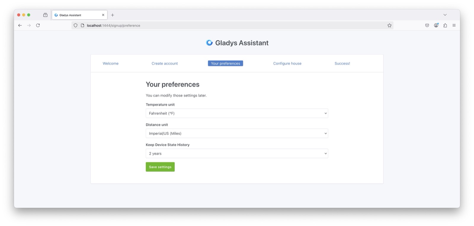 Set Local Gladys Account Preferences