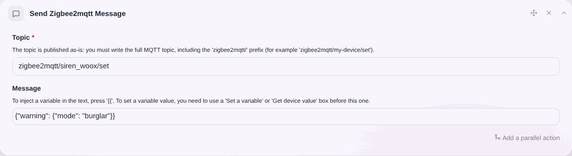 Send Zigbee2Mqtt message
