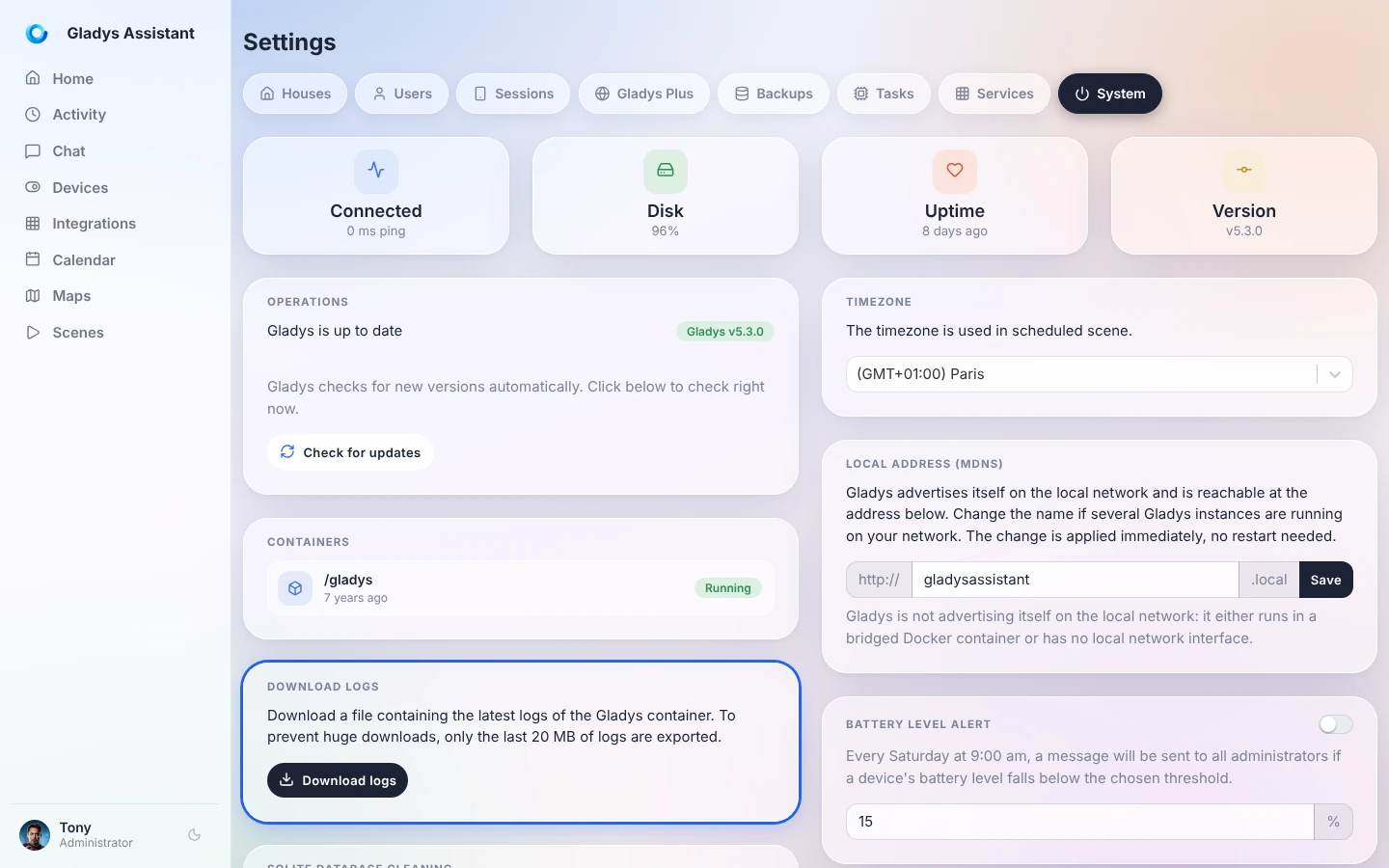 The "Download logs" card in the System tab of Gladys settings