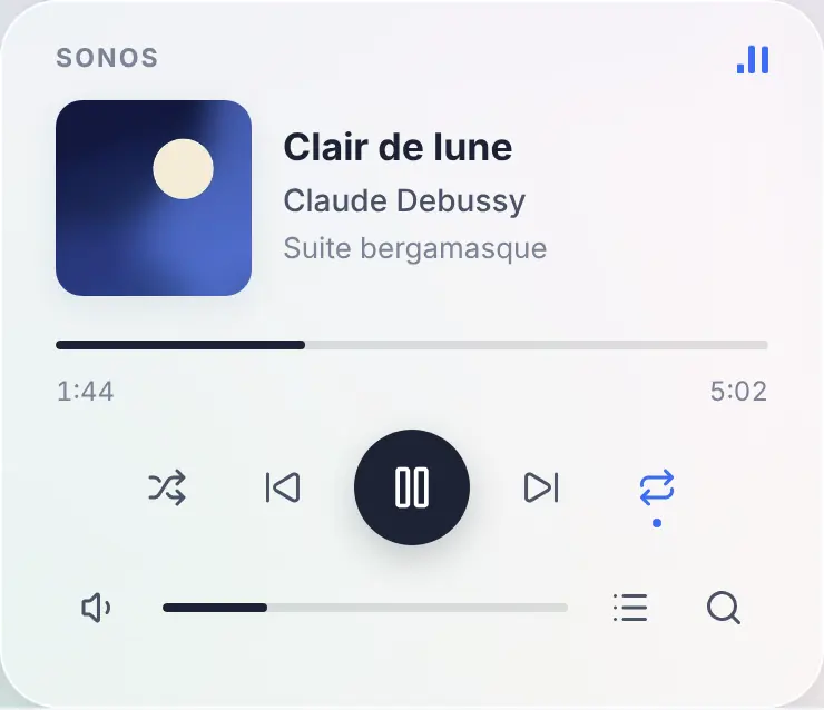 Das neue Musik-Widget: das Cover, der Titel, der Fortschritt und die Steuerung