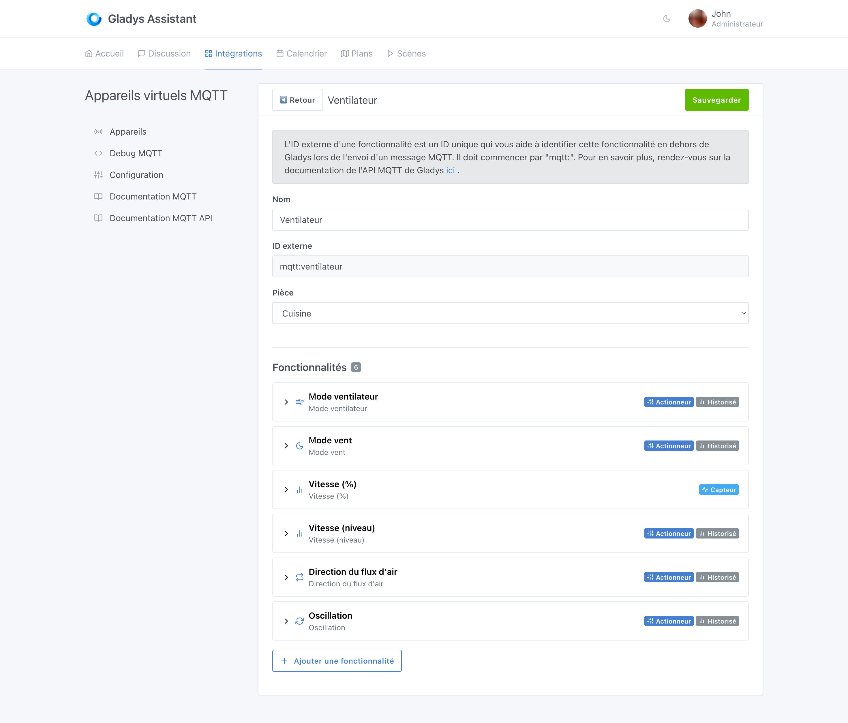 MQTT-Geräteliste in Gladys, nach Räumen gruppiert
