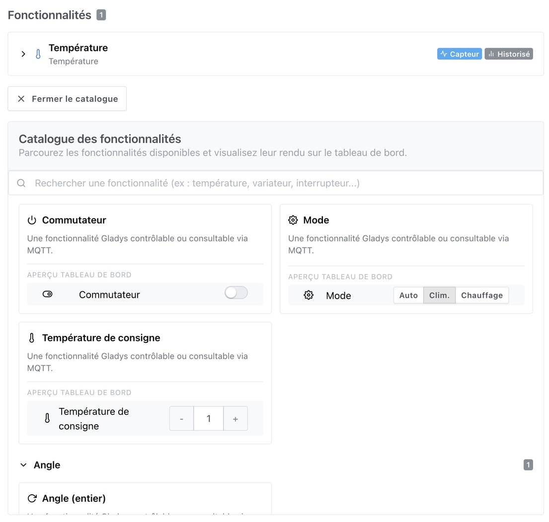 MQTT-Funktionskatalog in Gladys mit Dashboard-Vorschau