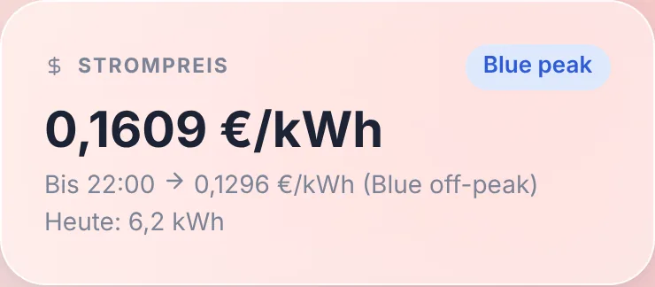 Das Strompreis-Widget: der aktuelle Preis, bis wann er gilt, und der nächste