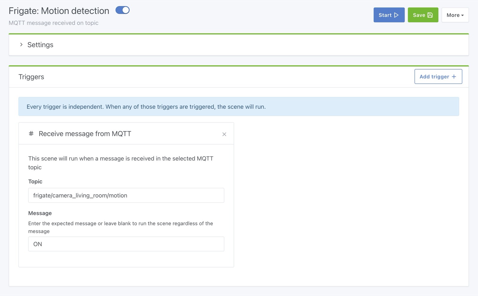Szene mit MQTT-Nachrichtenempfang in Gladys
