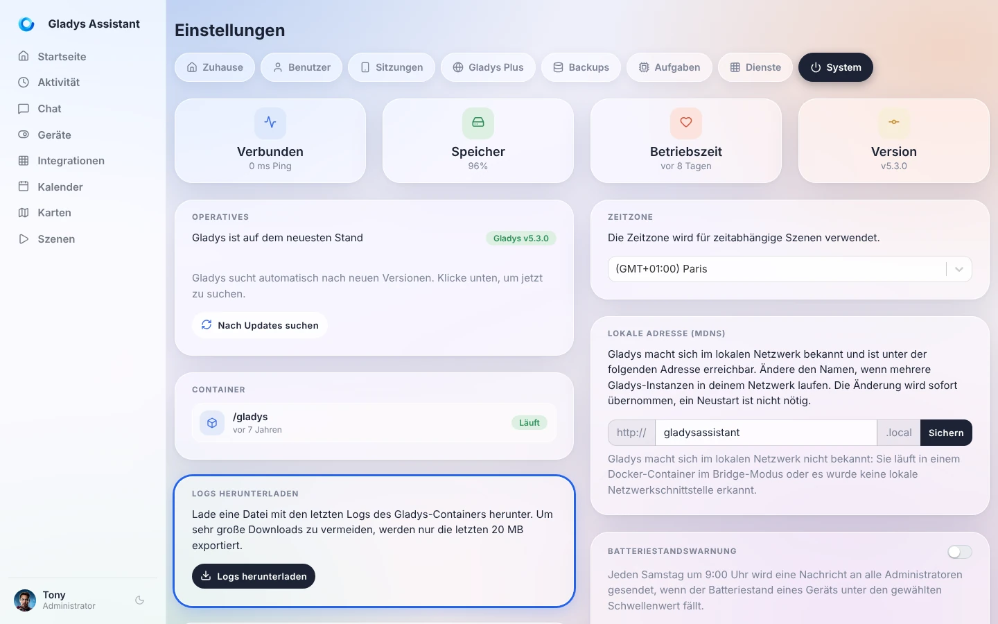 Die Karte „Logs herunterladen“ im Tab System der Gladys-Einstellungen