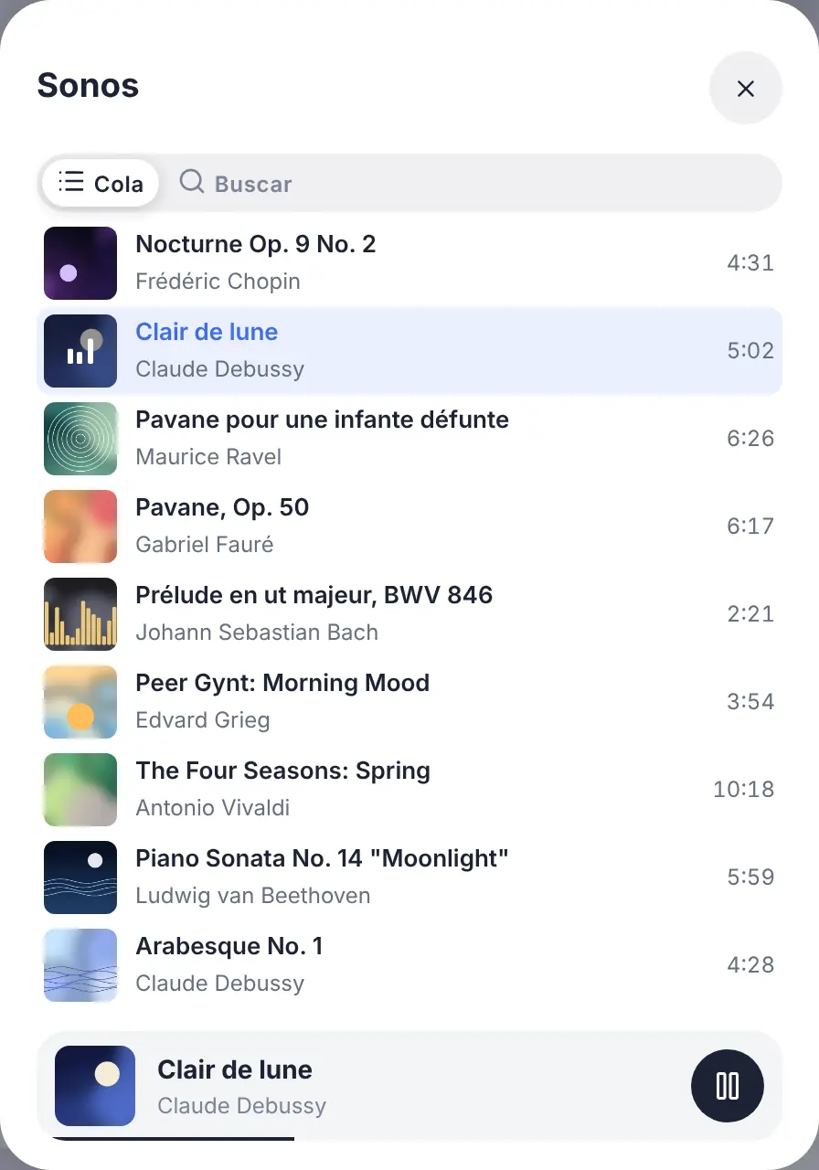 La cola del reproductor, con la canción actual resaltada