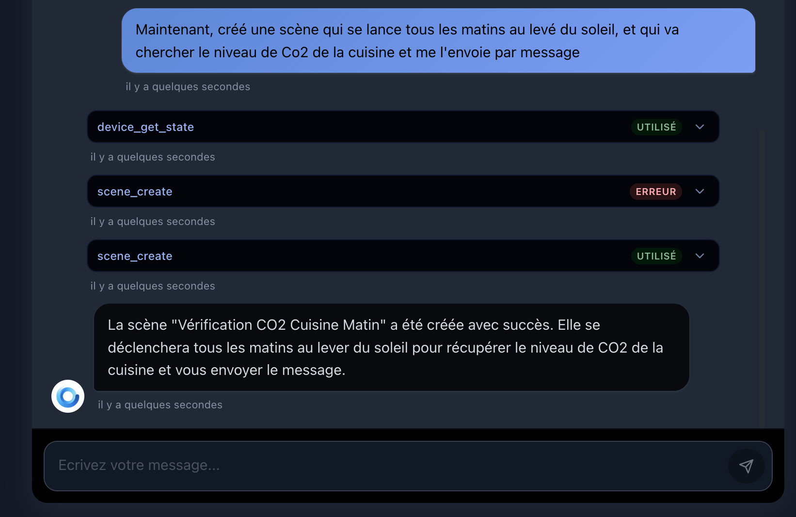 Llamadas a herramientas mostradas en la conversación