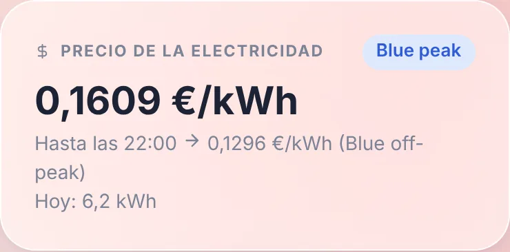 El widget de precio de la electricidad: el precio actual, hasta cuándo se aplica y el siguiente