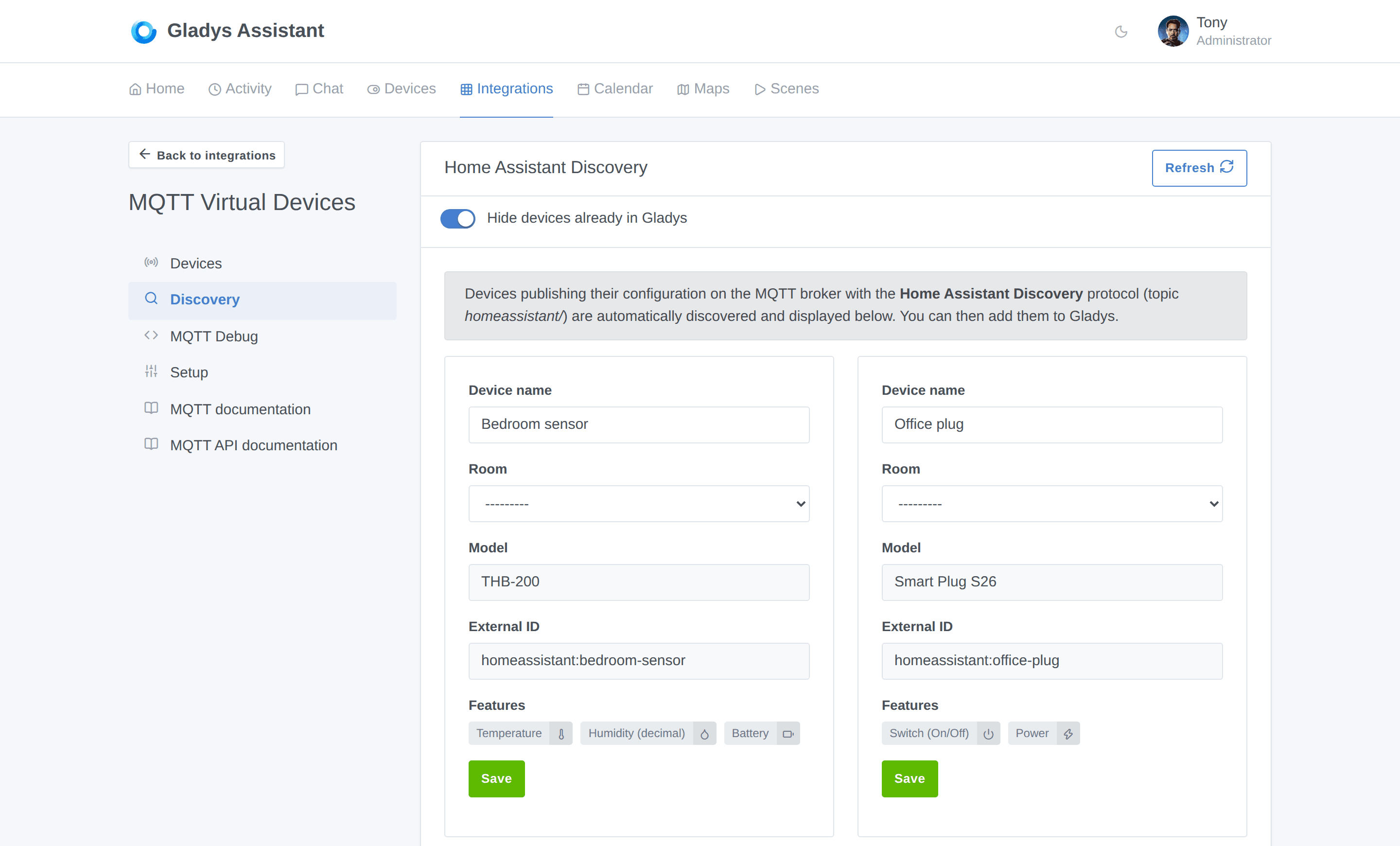 La pestaña Home Assistant Discovery, con dispositivos MQTT descubiertos automáticamente