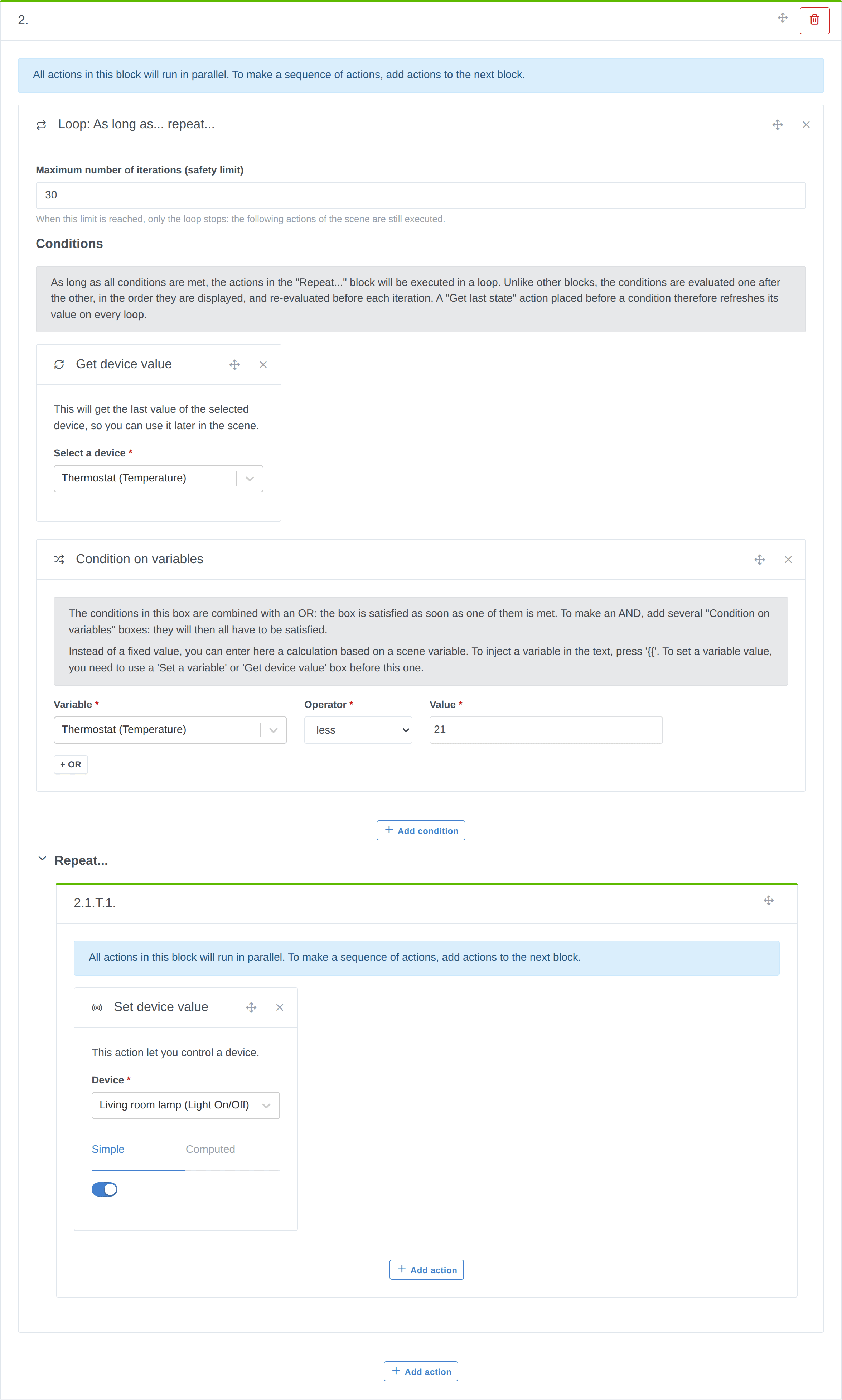 El nuevo bloque de bucle en el editor de escenas, con sus condiciones y su sección de repetición