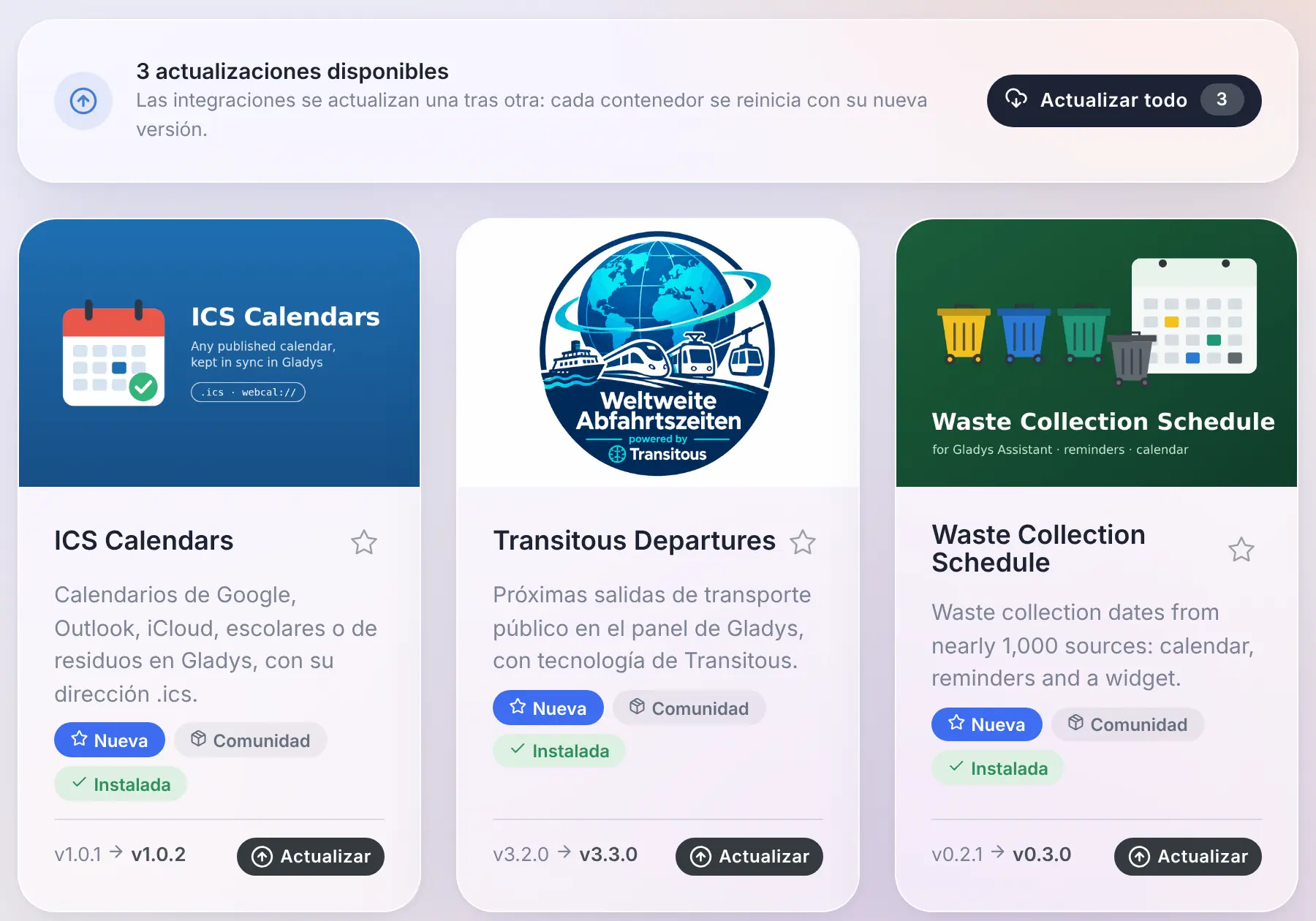 La vista «Para actualizar»: el botón «Actualizar todo» y el botón de actualización de cada tarjeta