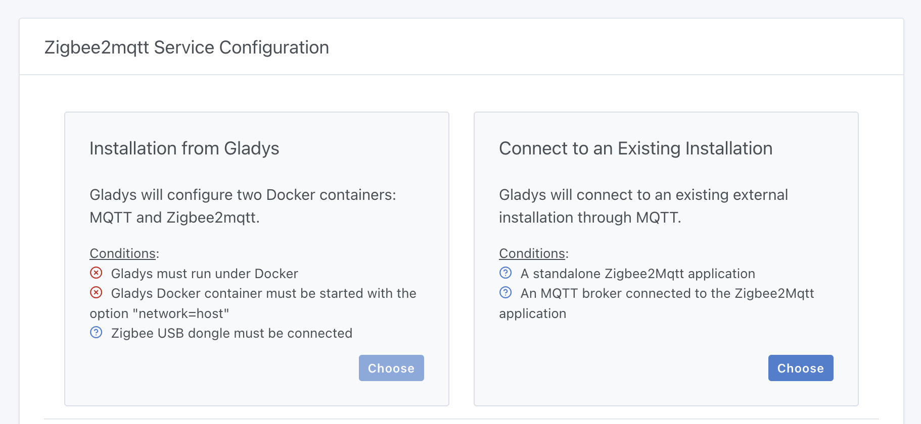 Elección del modo de Zigbee2mqtt en Gladys