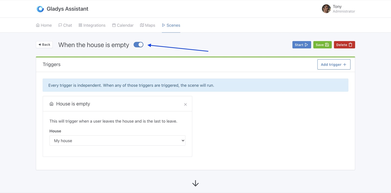 Desactivar una escena en Gladys Assistant