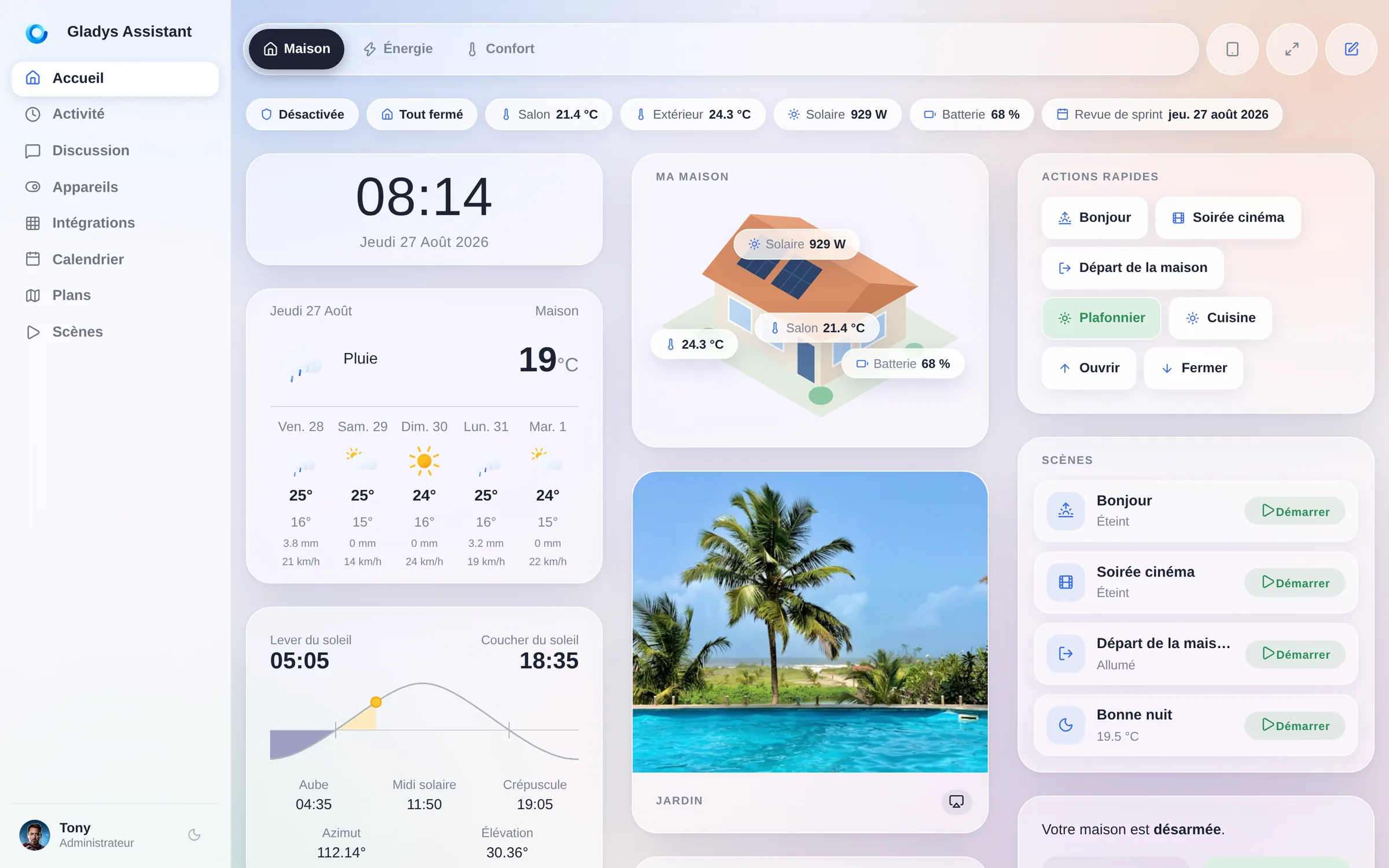 Le dashboard de Gladys Assistant 5, dans le nouveau design Horizon