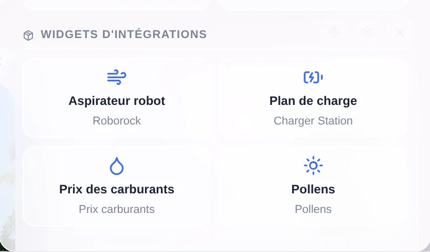 La section « Widgets d'intégrations » du sélecteur de widgets