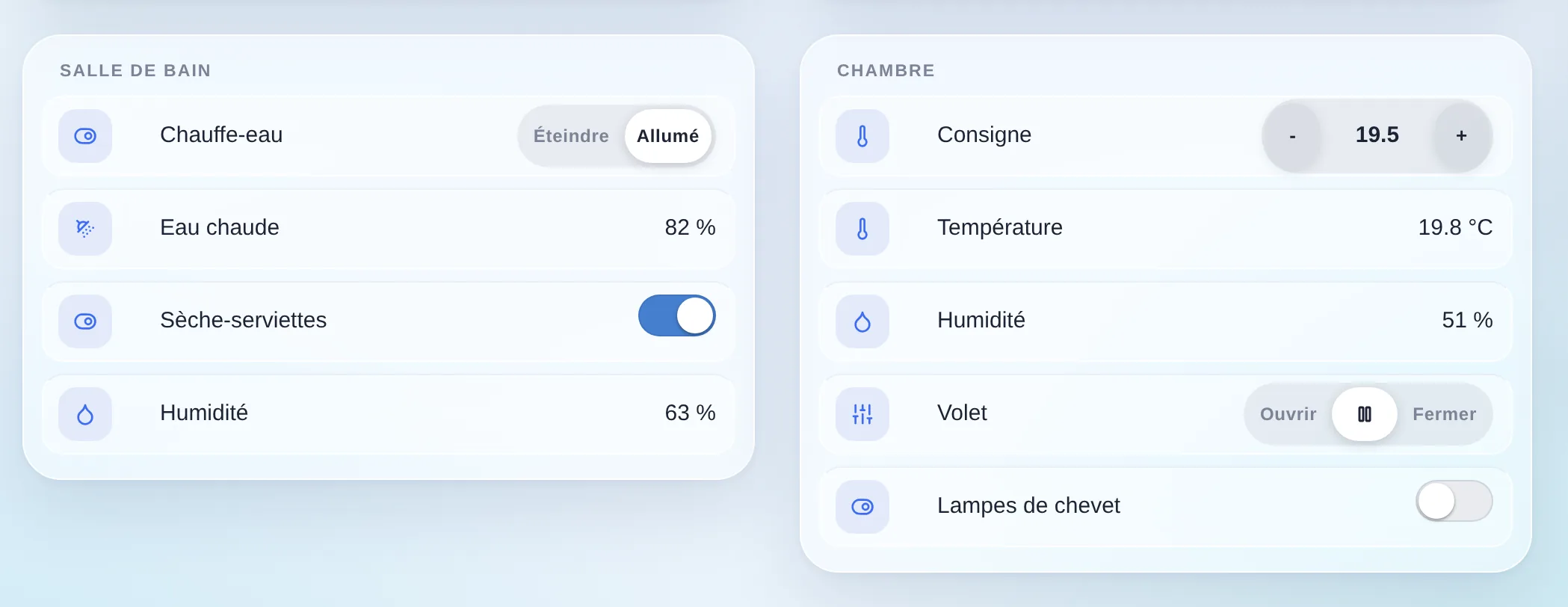 Zoom sur les contrôles d'appareils : contrôles segmentés, capsule de consigne et interrupteurs