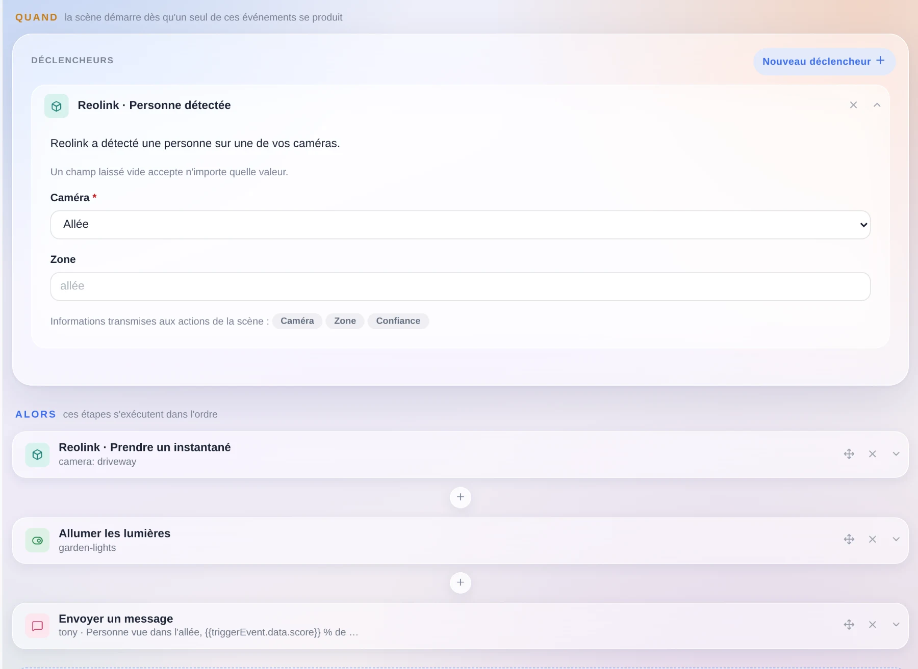 Une scène déclenchée par une intégration, avec une action d'intégration dans ses étapes