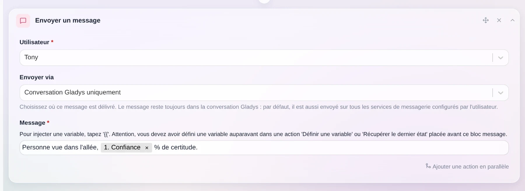 Le sélecteur de destination de l'action message, réglé sur « Conversation Gladys uniquement »