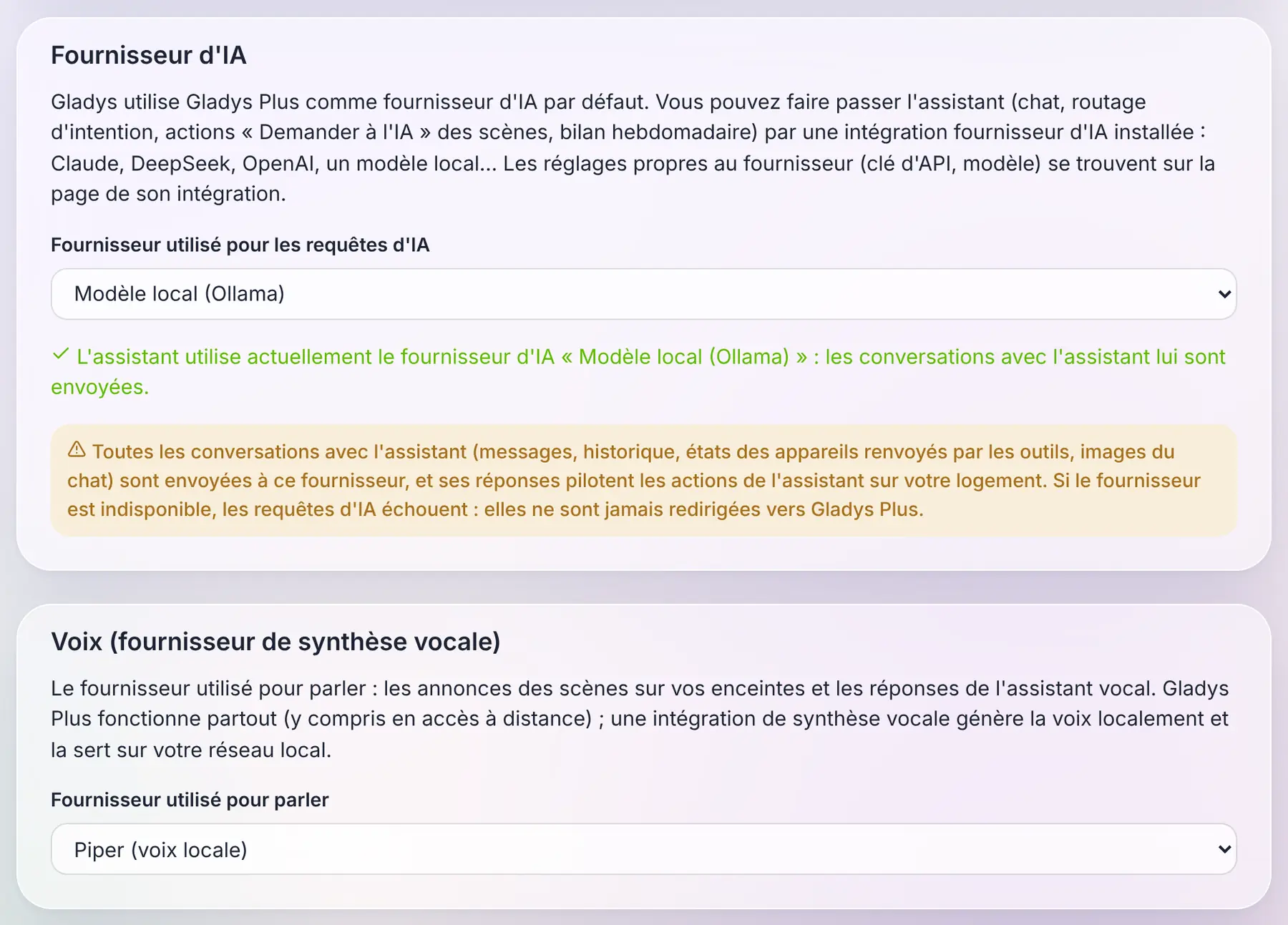 Le choix du fournisseur d'IA et de la voix, sur la page Intelligence Artificielle (intégrations d'exemple)