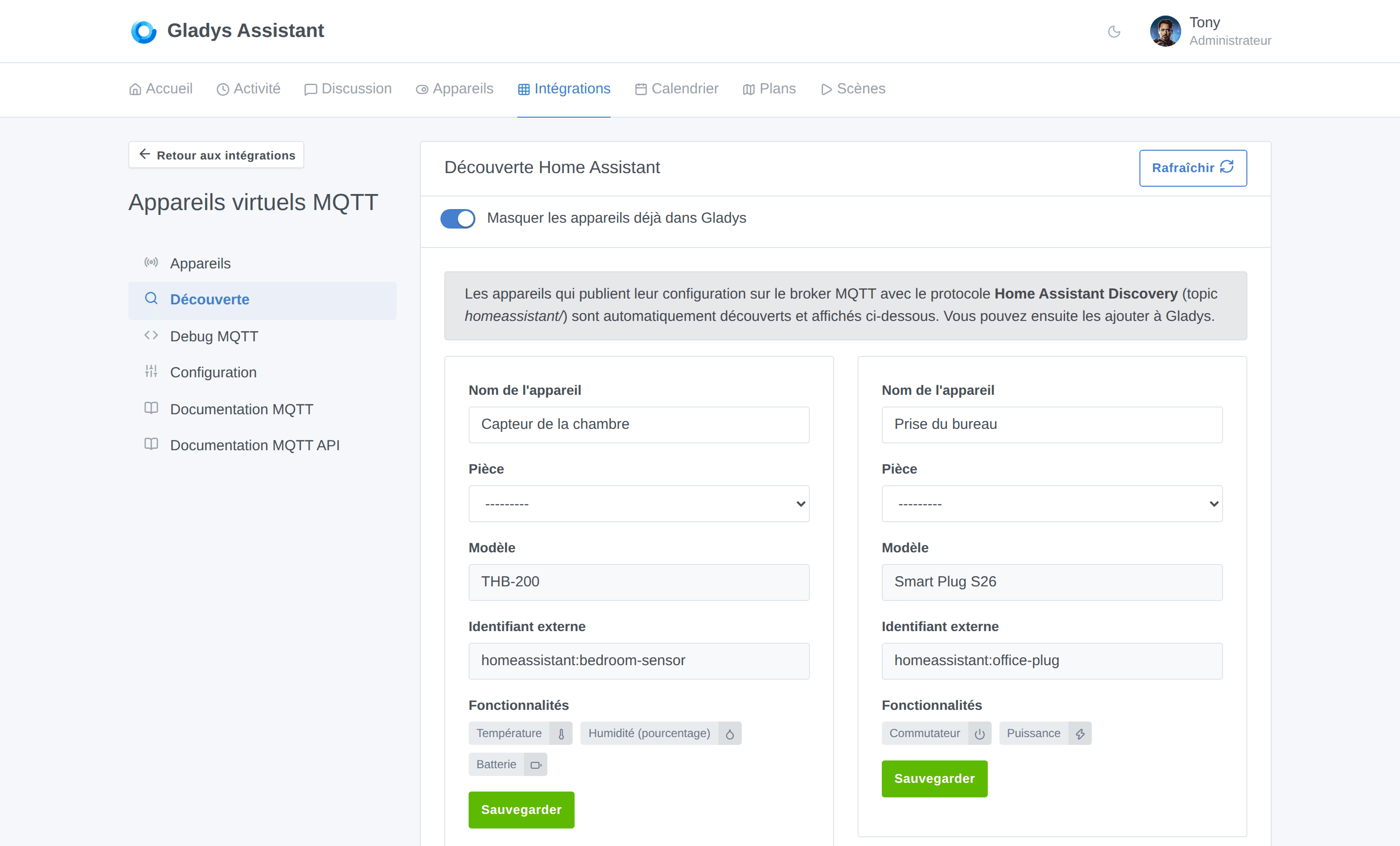 L'onglet Home Assistant Discovery, avec les appareils MQTT découverts automatiquement