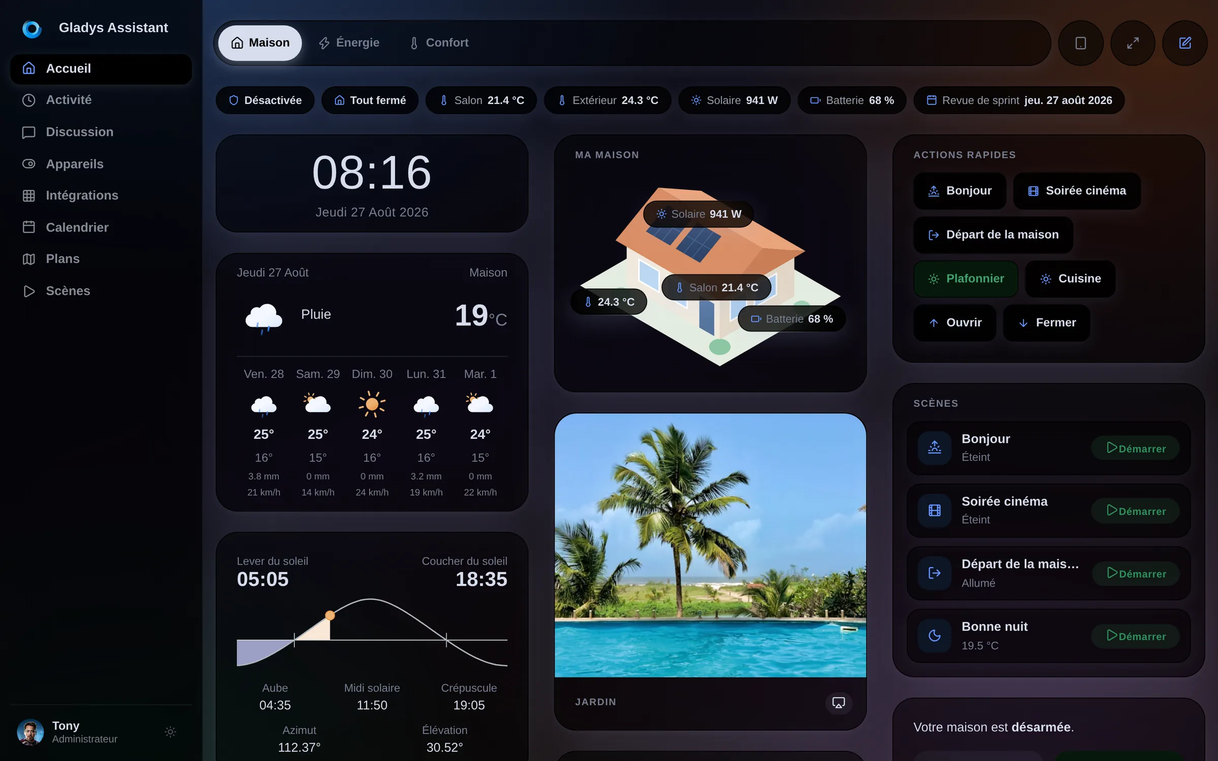 Le dashboard de Gladys Assistant 5 en mode sombre