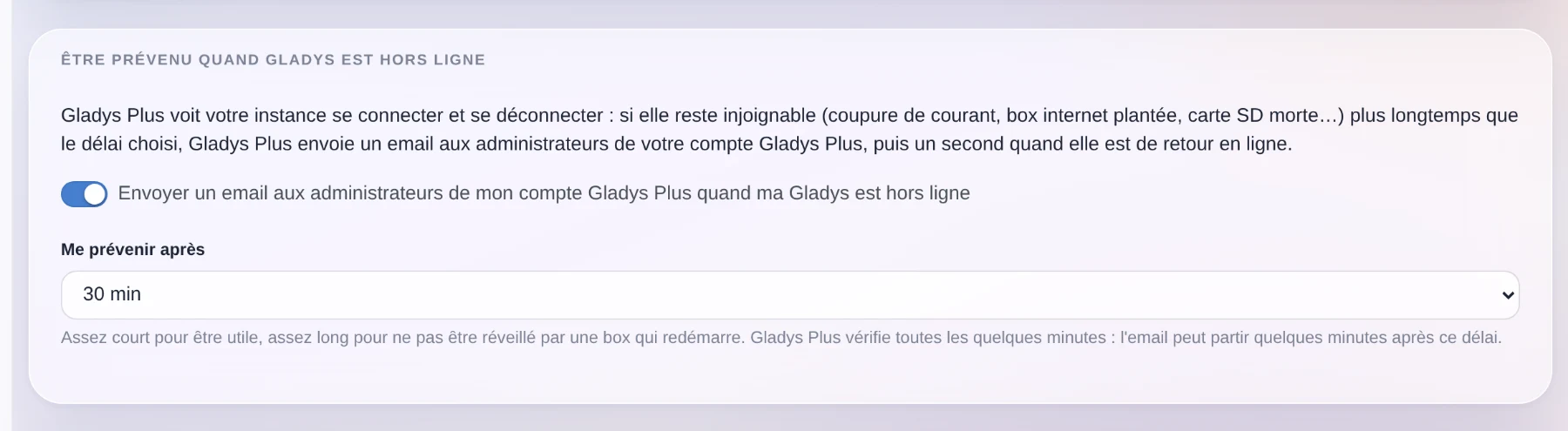Le nouveau réglage Gladys Plus : recevoir un e-mail quand l'instance est hors ligne