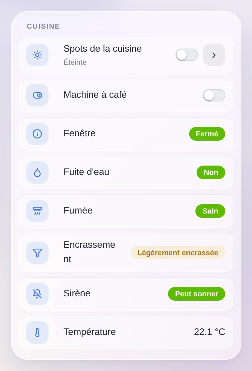 Un widget cuisine affichant le diagnostic d'un détecteur de fumée