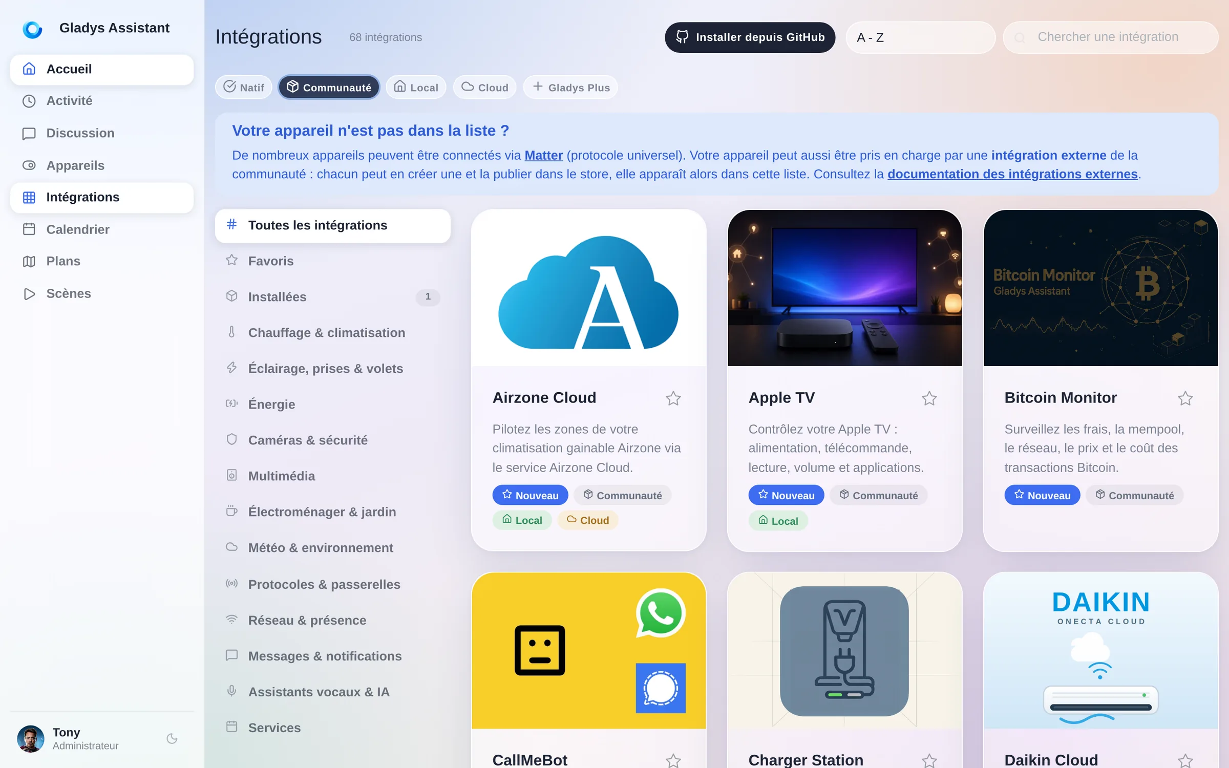 Le catalogue d'intégrations, filtré sur les intégrations communautaires