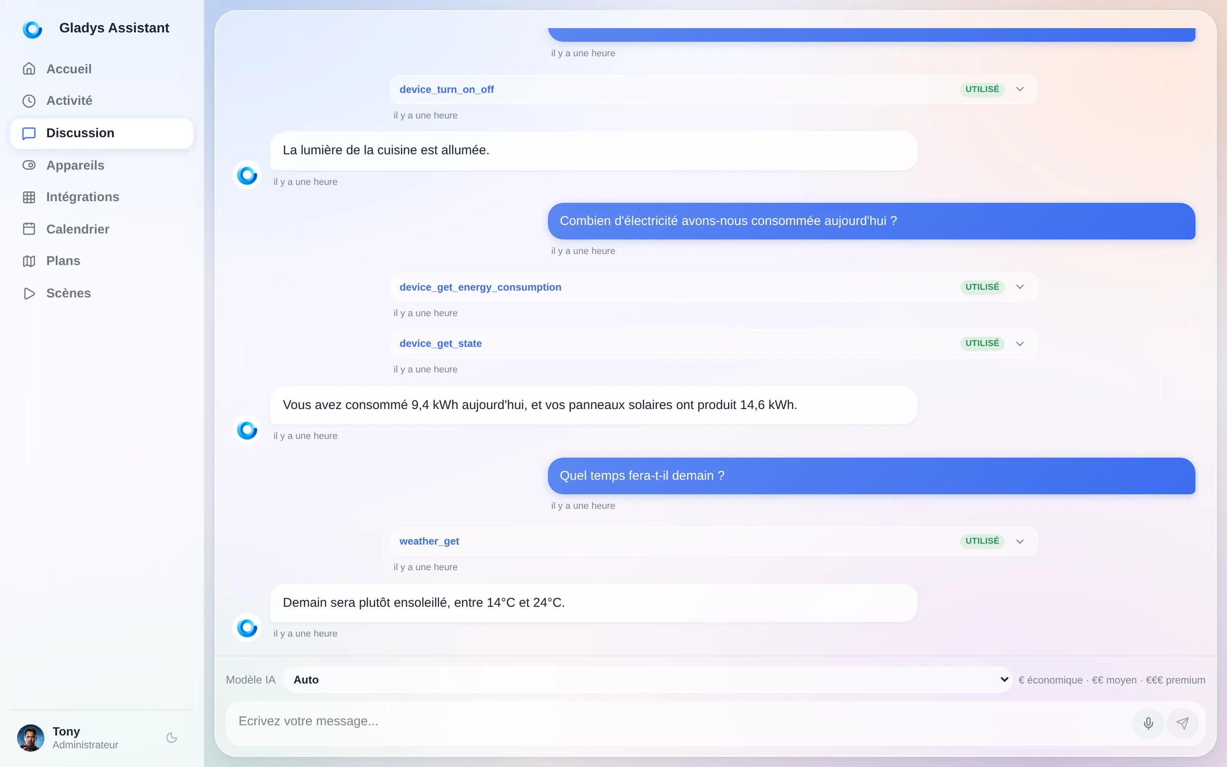 L'assistant IA de Gladys sur la page Discussion en thème Horizon